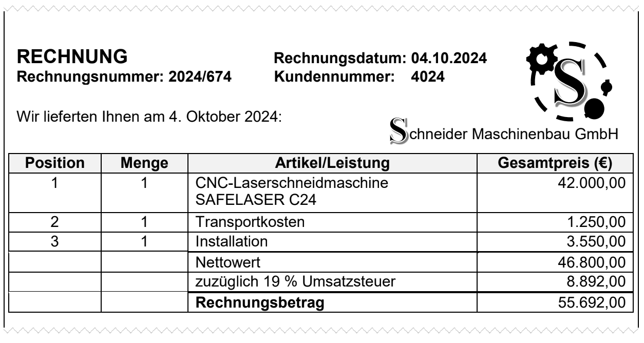 Schwarz-weiße Rechnung mit Tabellenlayout, Positionen, Preisen und Gesamtbetrag